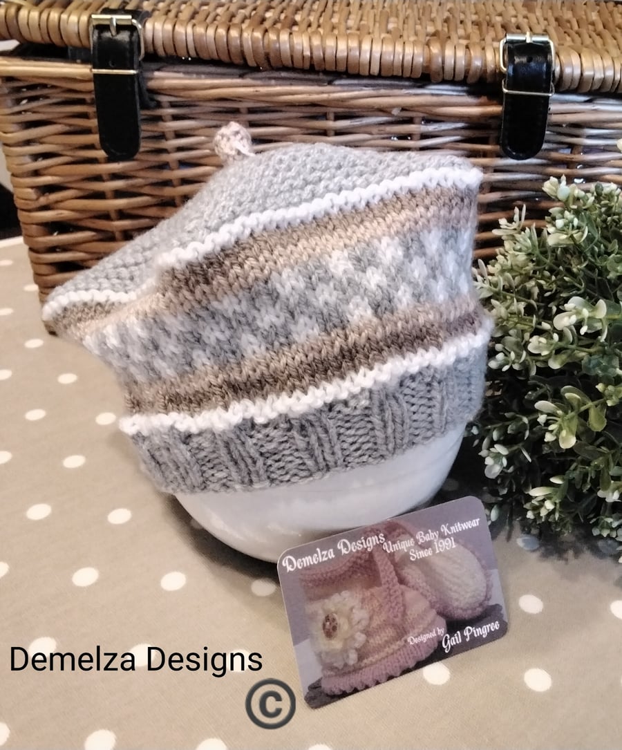 Designer Hand Knitted Baby Boy's Fairisle.Beret Hat 3-9 months size