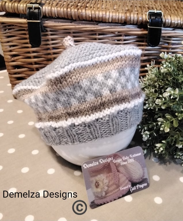 Designer Hand Knitted Baby Boy's Fairisle.Beret Hat 3-9 months size