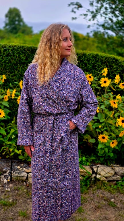 Handmade Liberty of London Lantana Dressing Gown – Cosy Winter Robe in Adriatic 