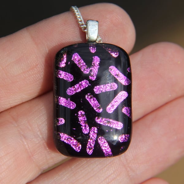 Handmade Pink Dichroic Pendant Necklace Sprinkle pattern Fused Glass  SKU F25