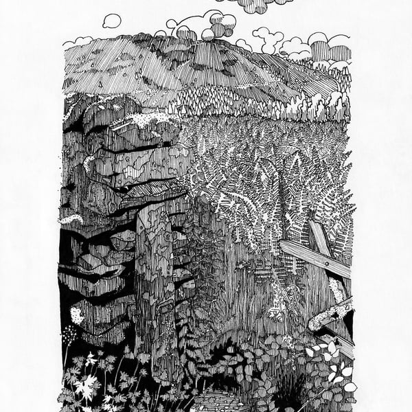 A4 print of Pen & ink line drawing 'Gate by Rydal Water' Lake District.