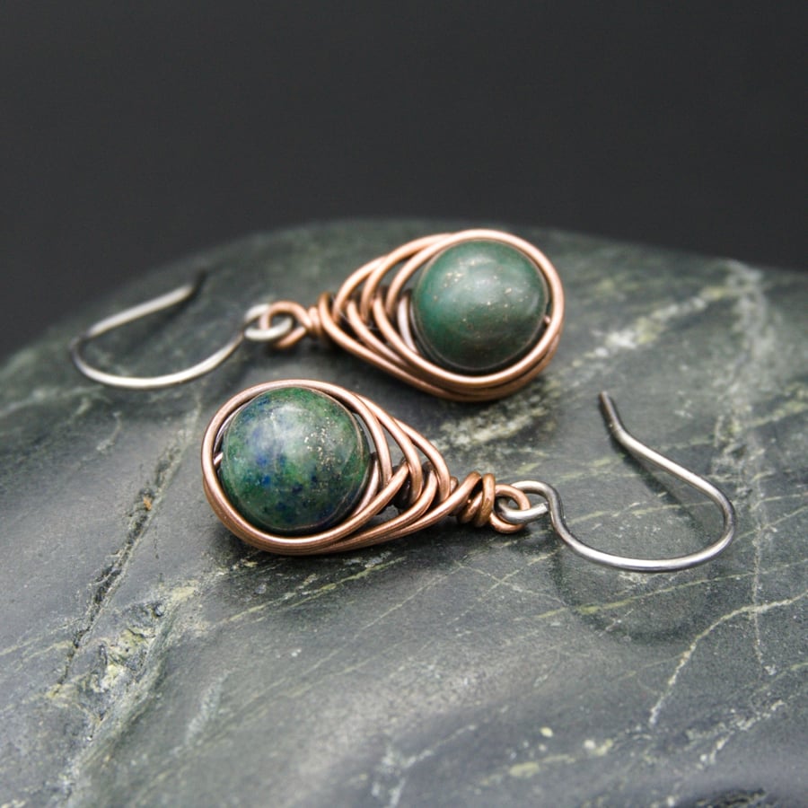 Copper Wire Wrapped Chrysocolla Earrings