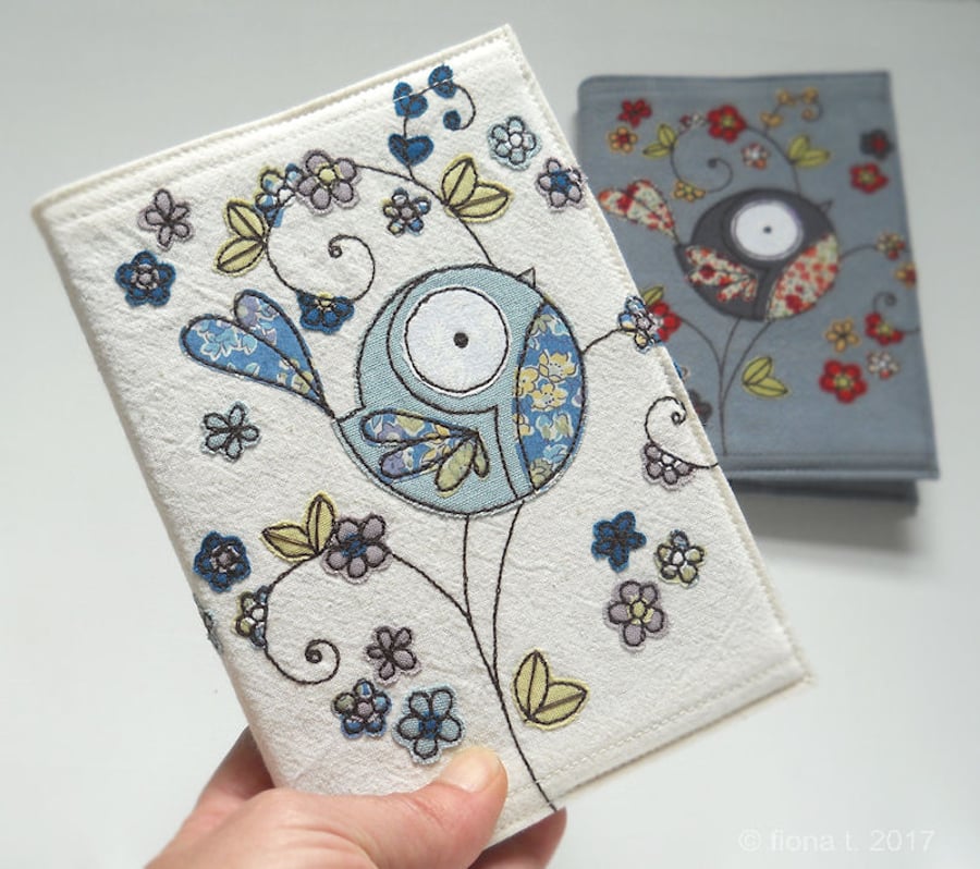 freemotion embroidered floral bird notebook sketchbook - blue