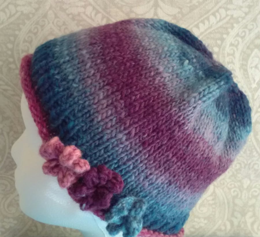 Handknit Noro 3-flowered Roll up Beanie Hat 100% wool Purples & Blues SMALL