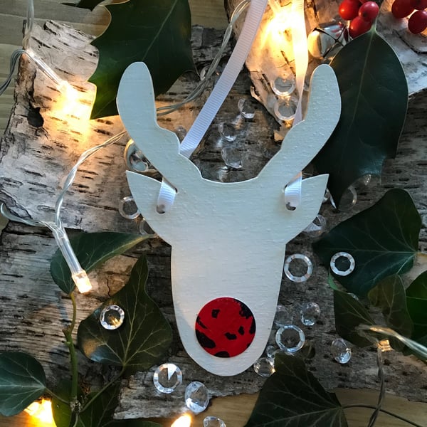 Reindeer Christmas Decoration- Hand Decorated Wooden Off-White Colour