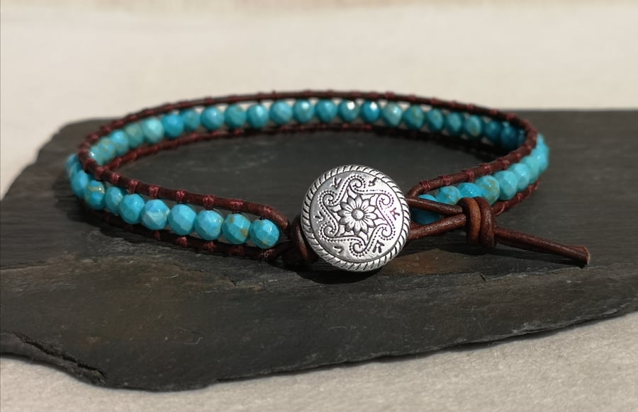 Turquoise semi precious bead and leather bracelet, December birthstone