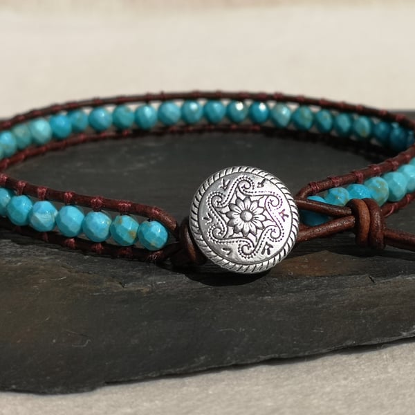 Turquoise semi precious bead and leather bracelet, December birthstone