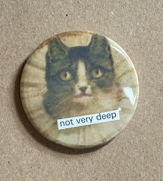 Collage pin badge - medieval cat meme - not very deep