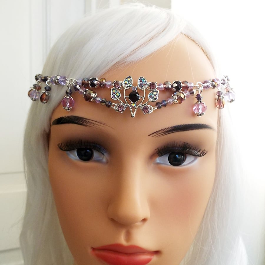 Purple Diamante Thistle Headpiece, Beaded Crystal Glass Circlet