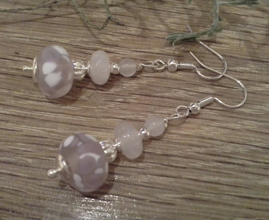 Hand Made Frit Lampwork Bead & Rose Quartz Earrings Silver Plate