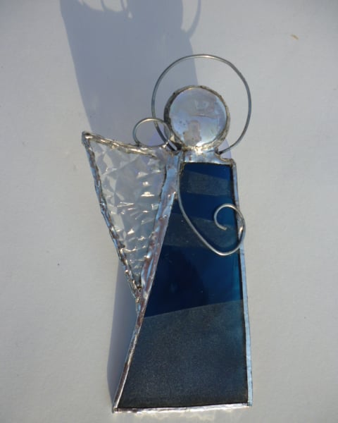 Glass angel suncatcher, ornament or Christmas  decoration - blue frosted