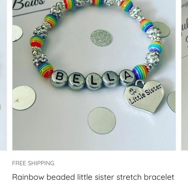 Rainbow bead little sister stretch shamballa bracelet gift sister personalised 