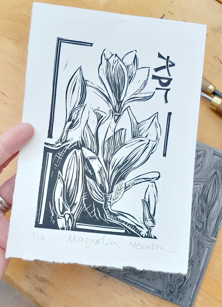 STOCK CLEARANCE 'Magnolia', Lino Print in Black on Hosho Paper