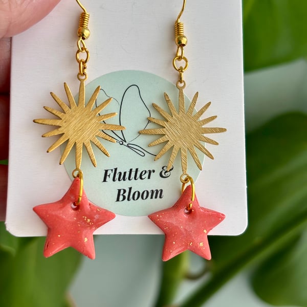 Celestial Coral – Starburst & Gold Fleck Dangling Earrings