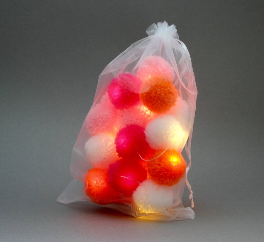 20 Pom Pom LED Fairy Lights with Hot Pink, Bright Orange, Pink & White 