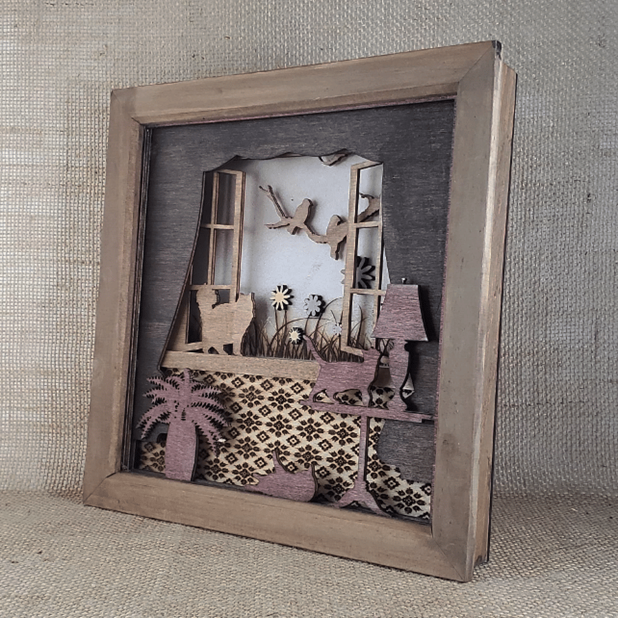 Cats at the Window - Wooden 3D Laser Cut Picture 