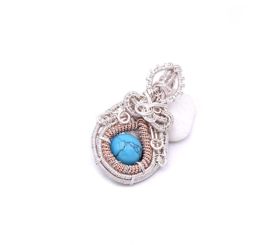 Pendant - copper and silver wrapped turquoiose 