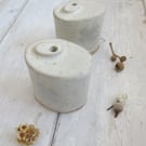 Hand-built miniature stoneware pottery oval vase in white with cross motif