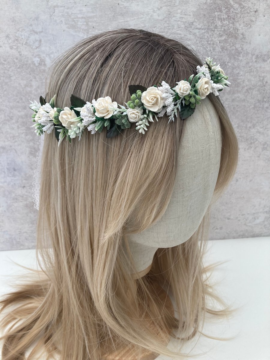 White flower crown with foliage