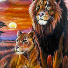 Lion Pair at Sunset – African Wildlife A4 Giclée Print from Original painting