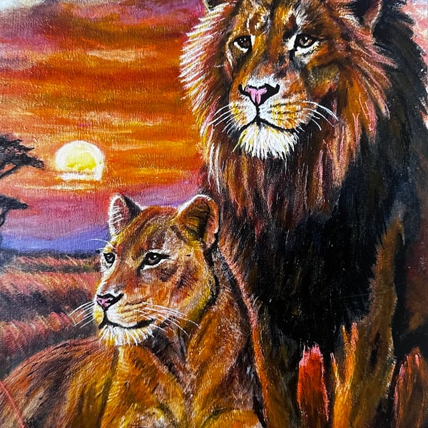 Lion Pair at Sunset – African Wildlife A4 Giclée Print from Original painting