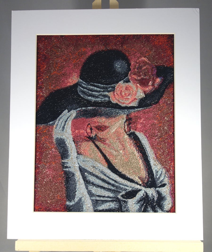 Mujer Hermosa. A beautiful, mounted, unframed, machine embroidered work of art.