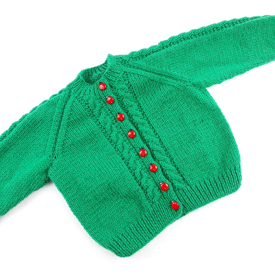 Baby girl cardigan hand knitted emerald green with cables 12 - 24 months