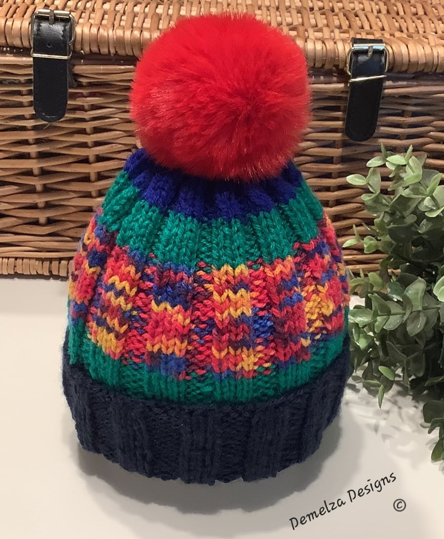 Gender Neutral Ribbed Large Pom Pom Beanie Hat 1-2 Years size