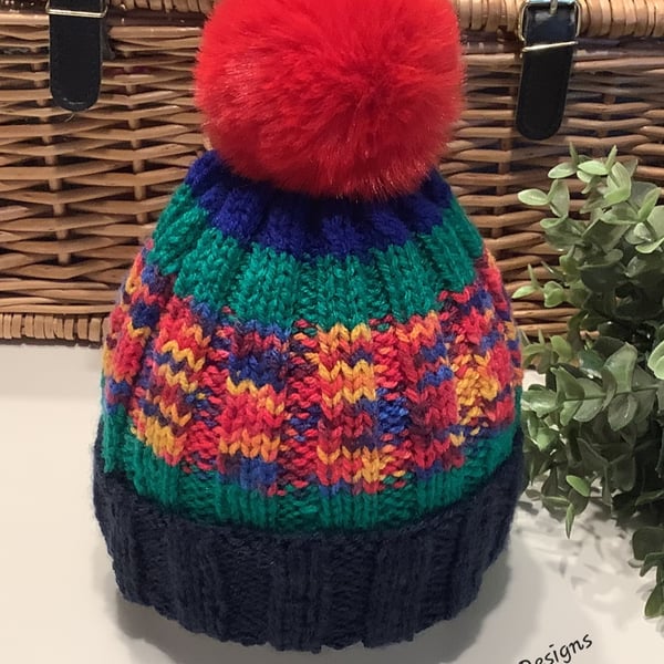 Gender Neutral Ribbed Large Pom Pom Beanie Hat 1-2 Years size