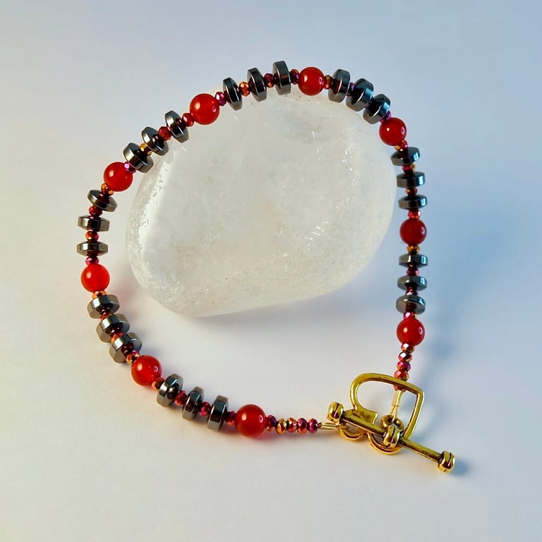 Hematite & Carnelian Bracelet, Birthday, Anniversary, Valentine, Gift For Her.