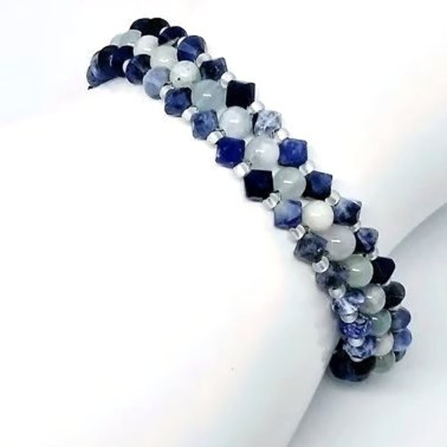 Genuine Aquamarine and Sodalite Bracelet, Blue Gemstone Handmade Bracelet 6-8 in