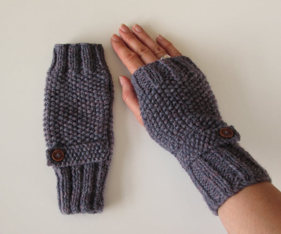 Fingerless Gloves in Purple Heather Aran Wool 