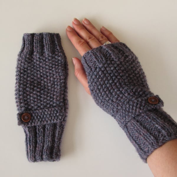 Fingerless Gloves in Purple Heather Aran Wool 