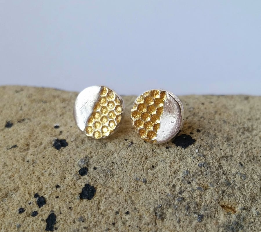 Fine Silver and gold textured honeycomb stud earrings, Golden Honeycomb Studs