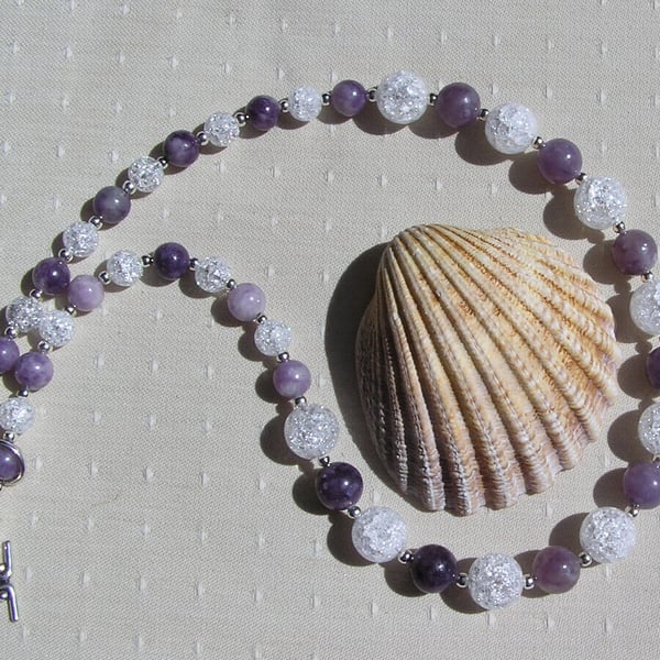 Purple Lepidolite & Clear Quartz Gemstone Chakra Necklace "Lavender Sparkle"