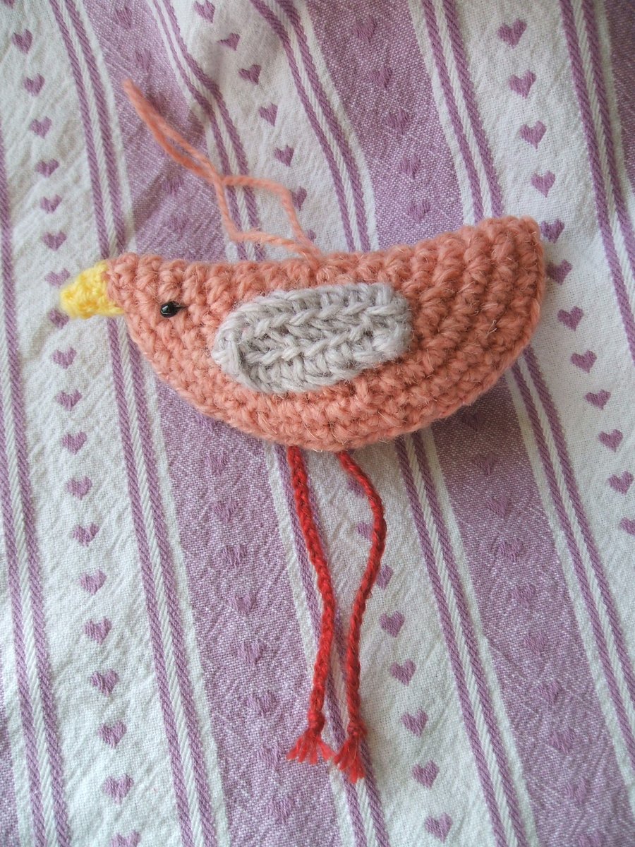 hand crocheted hanging bird - dusky pink with grey wings