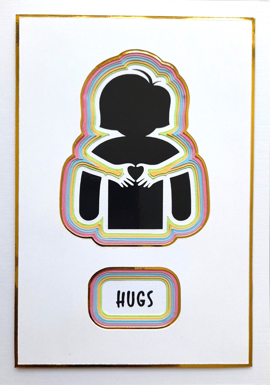 Hugs 'thinking of you' colourful multi layered handmade greetings card