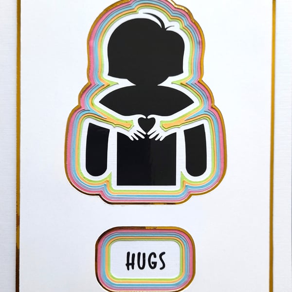 Hugs 'thinking of you' colourful multi layered handmade greetings card