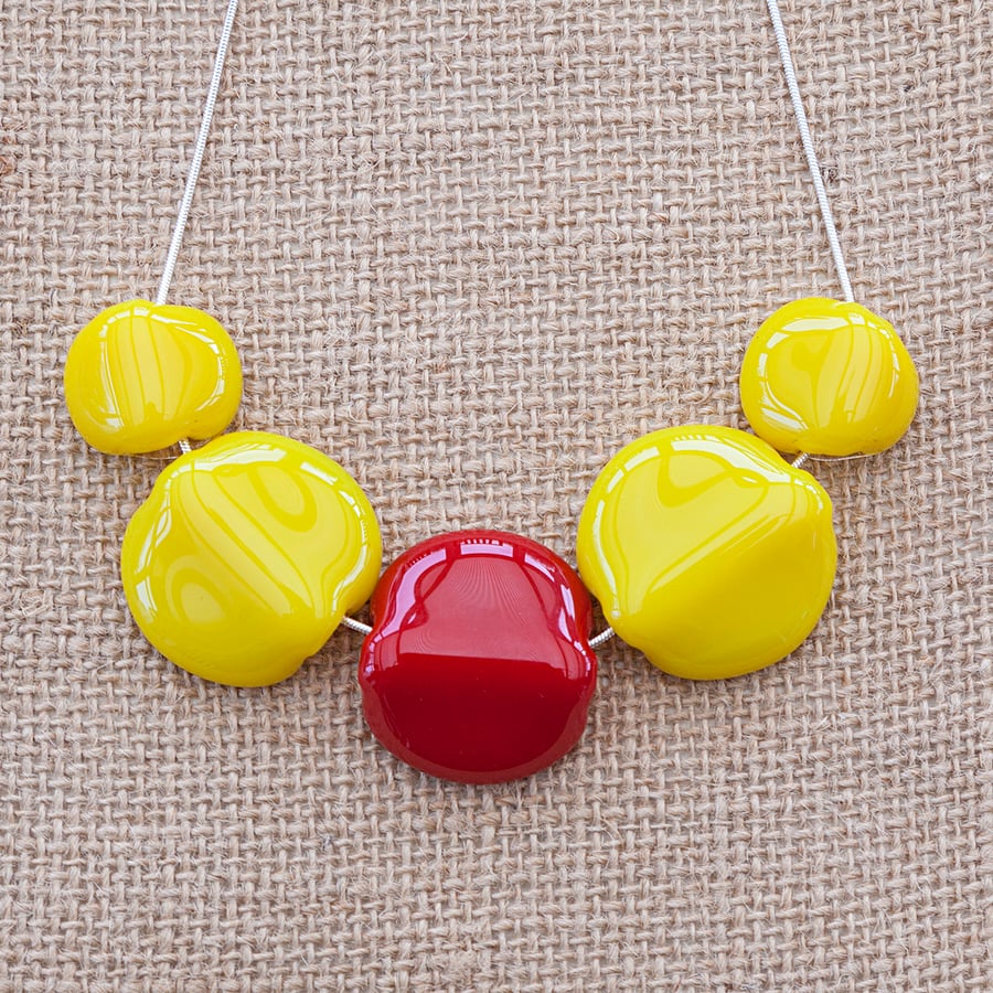 Chunky Bright Yellow and Red Fused Glass Statement Necklace Jewellery