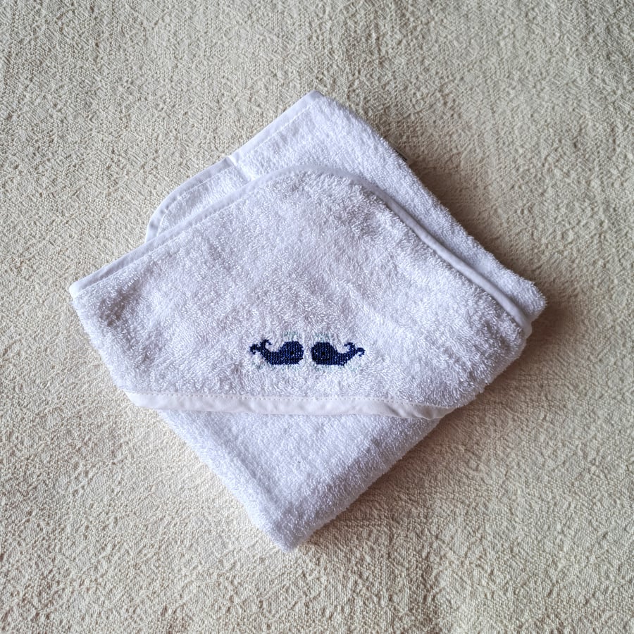 Whale, hooded baby towel, hand embroidered