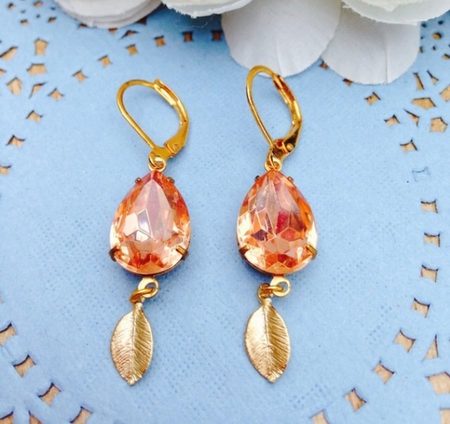  FREE P&P Vintage glass earrings in peachy pink with cute golden leaf