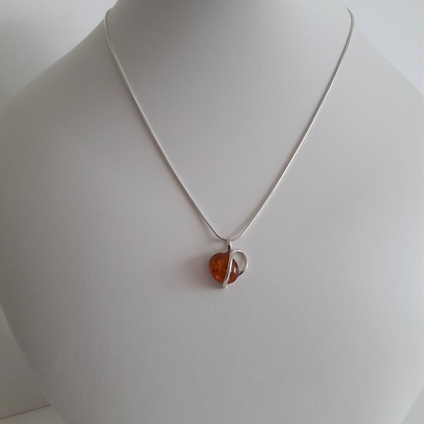 Amber Cognac Contemporary Heart and Sterling Silver Necklace. Amber, Gift