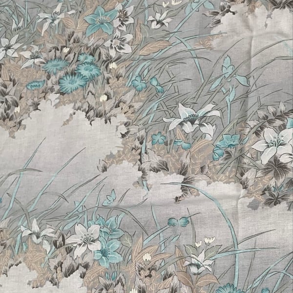 Large Piece Cottage Core Grey Blue Wildflower 70s 80s Retro Vintage Fabric