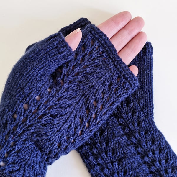 Fingerless Gloves Mitts - Wrist Warmers - Navy Blue