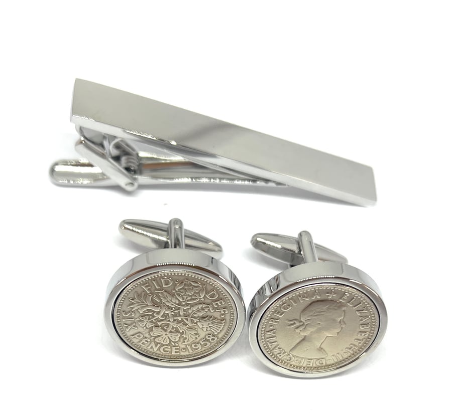 1958 Sixpence Coin Cufflinks Mens 66th Birthday Gift  Tie clip set