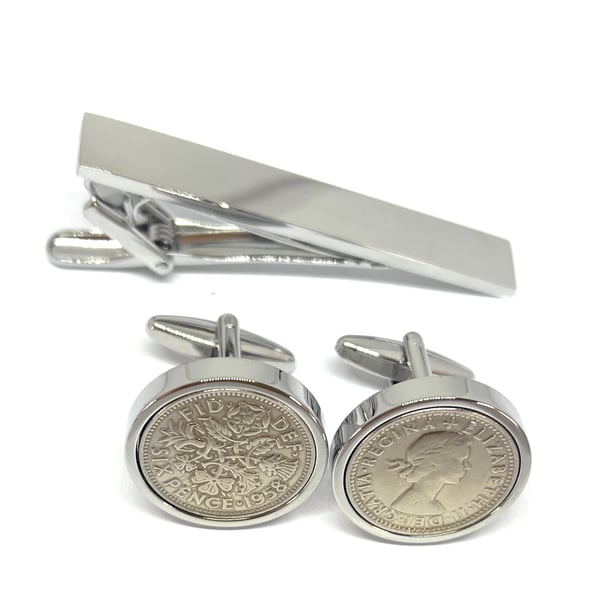 1958 Sixpence Coin Cufflinks Mens 66th Birthday Gift  Tie clip set