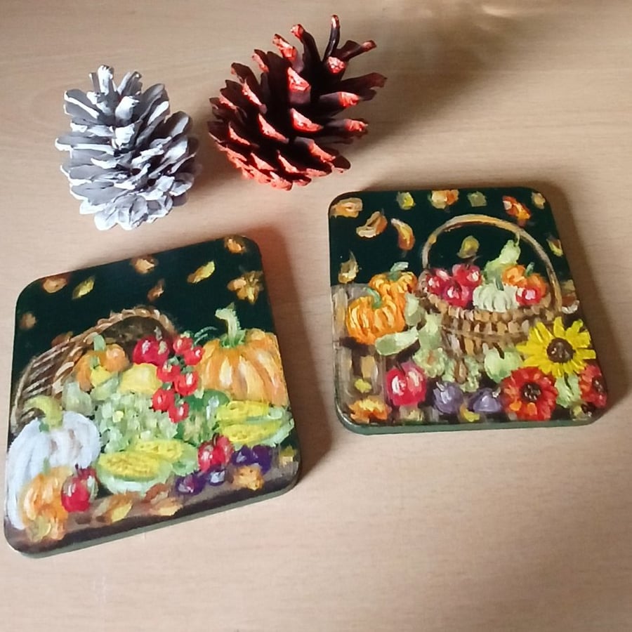 Autumn harvest handpainted wooden coaster's set of two.  