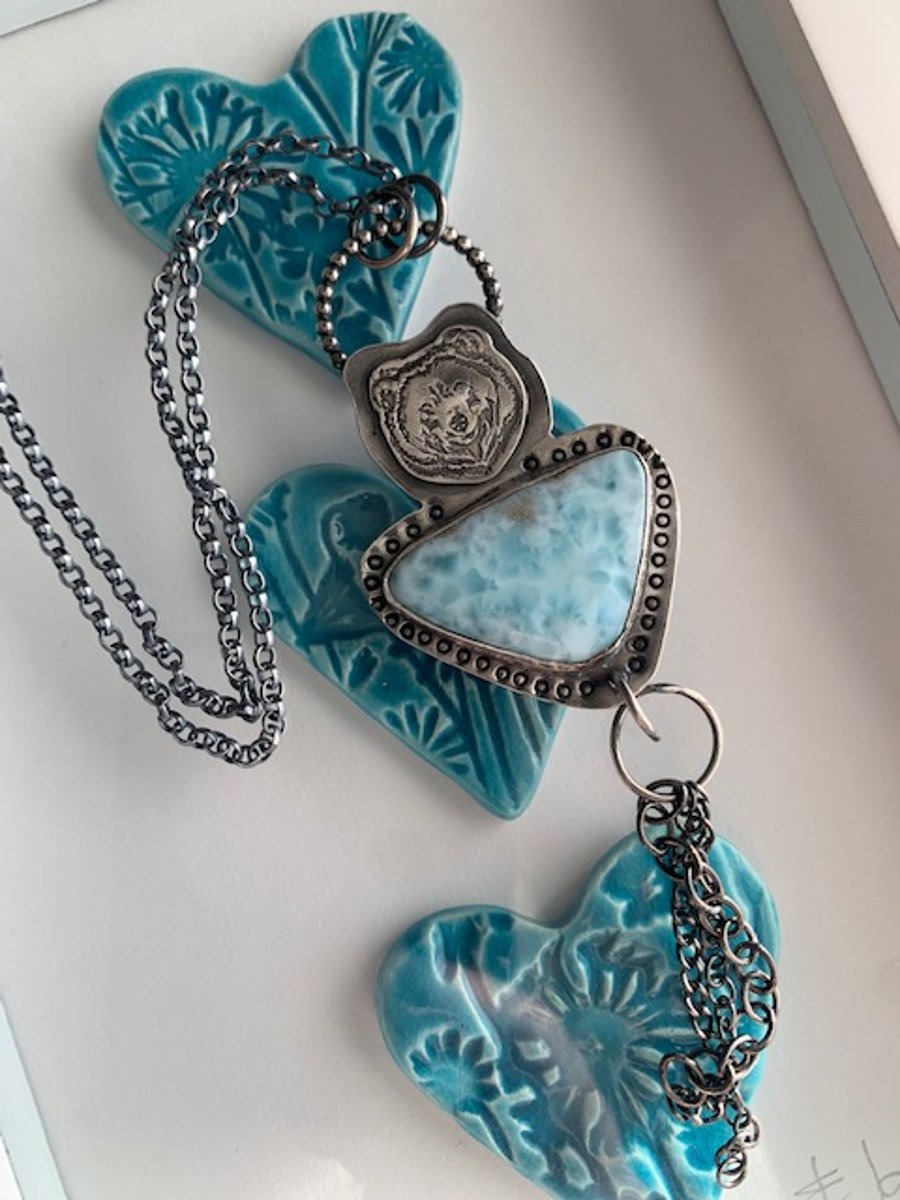 Sterling silver Larimar bear tassel pendant, Hallmarked