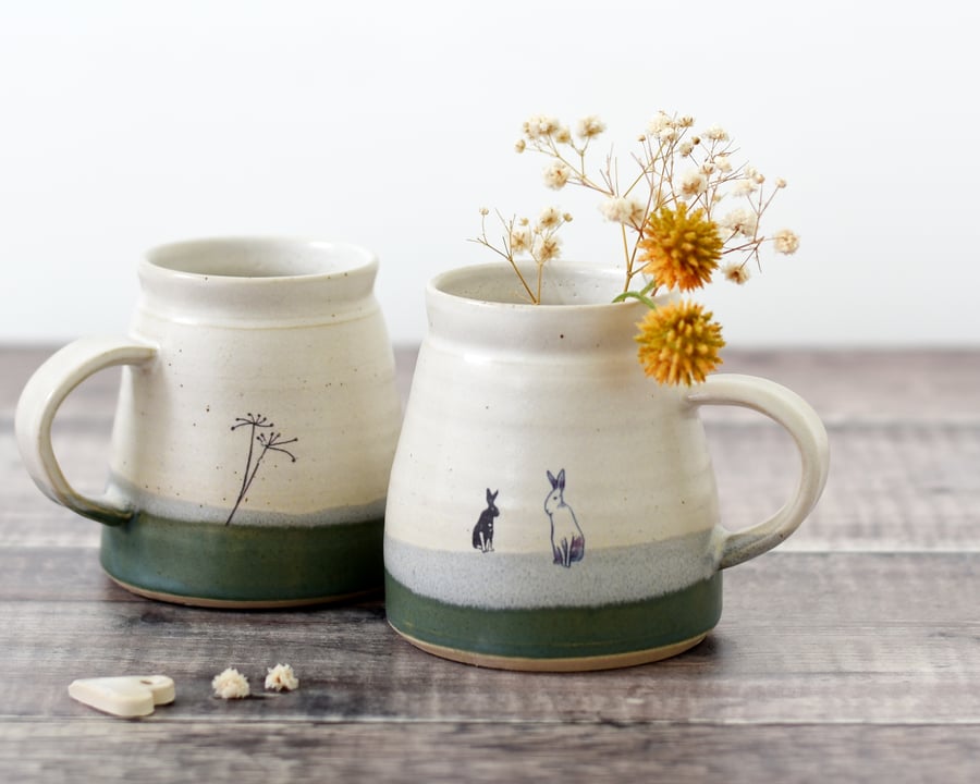 Ceramic hare rabbit mug - handmade green and creamy white pottery