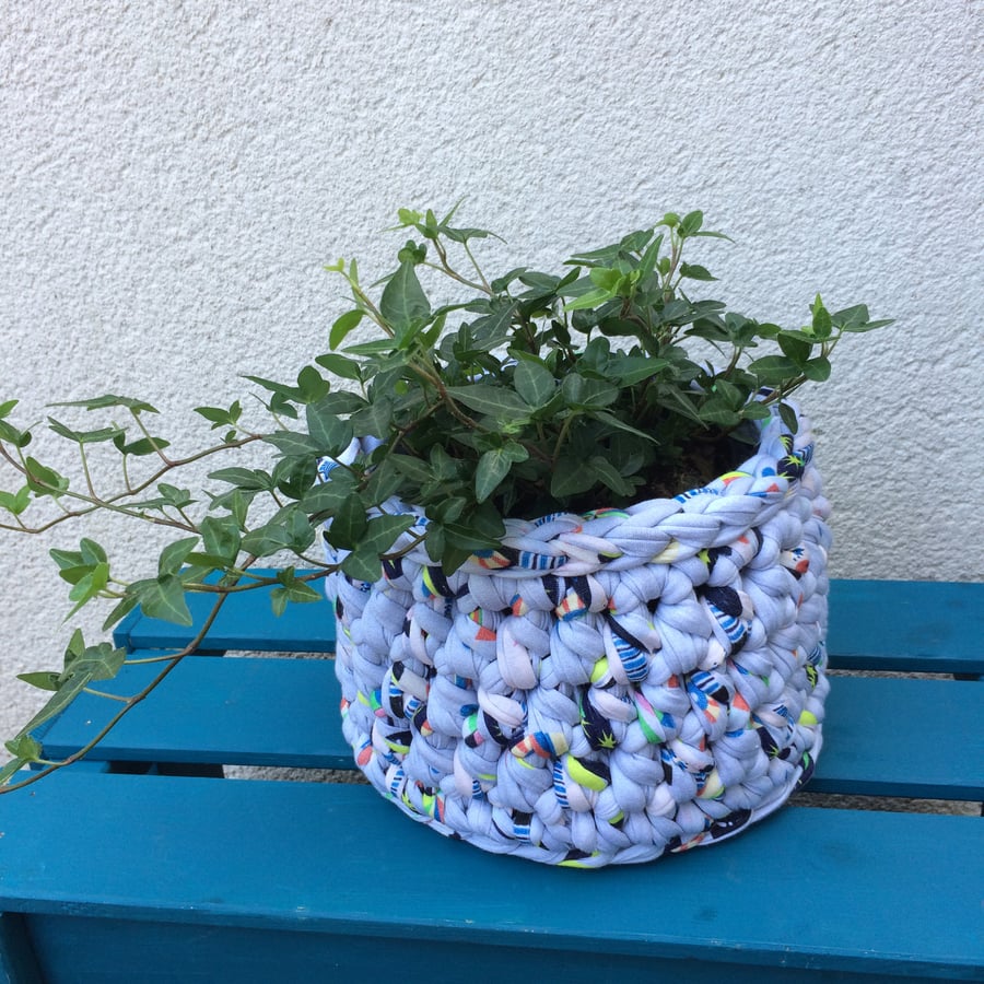 Crochet basket - pale blue multi